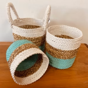 Ensemble de Paniers en Jonc de Mer - Vert / Naturel / Blanc
