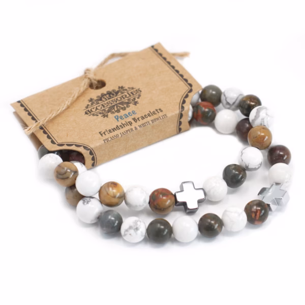 2 Pulseras con Piedras Preciosas - Paz - Jaspe Picasso y Howlita Blanca