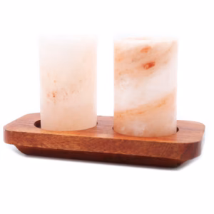Set of 2 Himalayan Salt Shot Glasses & Wood Serving Stand