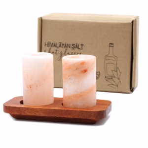 Juego de 2 Vasos de Chupito de Sal del Himalaya y Soporte de Madera para Servir