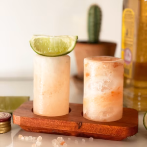 Set of 2 Himalayan Salt Shot Glasses & Wood Serving Stand