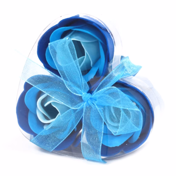 3 Seifenrosen in Herzbox - Blau
