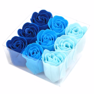 Ask med 9 Tvålblommor - Blå Bröllopsrosor