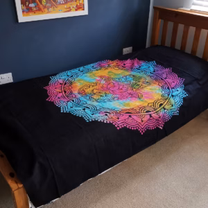 Single Cotton Bedspread + Wall Hanging - Black Hamsa 130cm x - 200cm