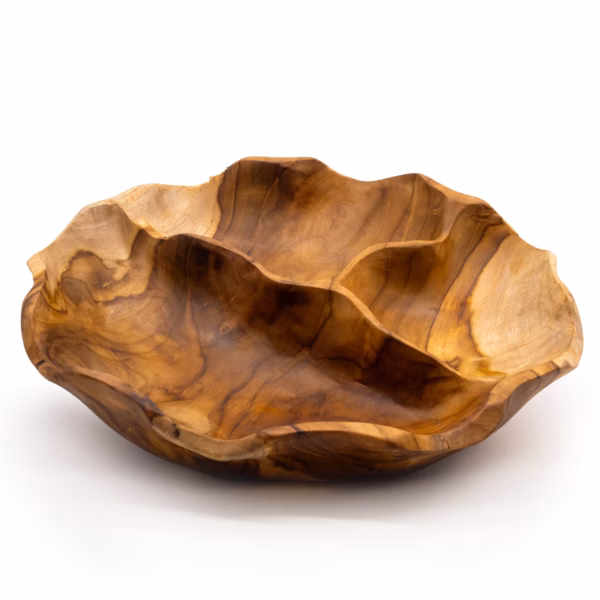 Cuenco de Frutas de Madera de Teak Redondo Suave en Tres Secciones - 30x5.5cm