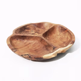 Cuenco de Frutas de Madera de Teak Suave en Tres Secciones - 30x4cm