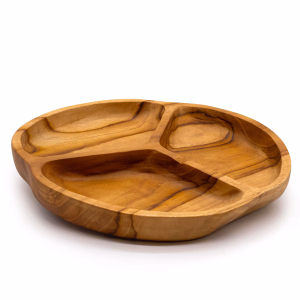 Cuenco de Frutas de Madera de Teak Suave en Tres Secciones - 30x4cm