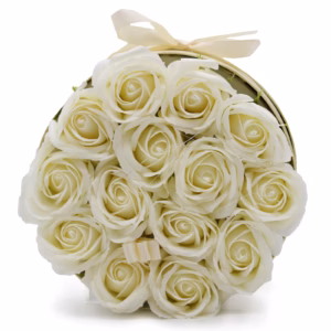 Seifenblumen - Geschenk - Blumenstrauß - 14 Cremefarbene Rosen - Rund