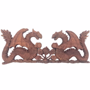 Plakette mit Zwei Einander Gegenüberstehenden Drachen, Geschnitzt - 40x15cm