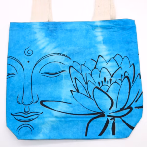 Batikväskor av Bomull - Lotus Buddha - Blå - Naturlig Handtag - 38x42x12cm