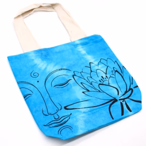 Batikväskor av Bomull - Lotus Buddha - Blå - Naturlig Handtag - 38x42x12cm