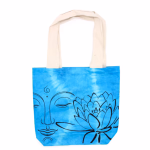 Batikväskor av Bomull - Lotus Buddha - Blå - Naturlig Handtag - 38x42x12cm