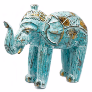 Snidad Elefant av Trä - Turkos & Guld