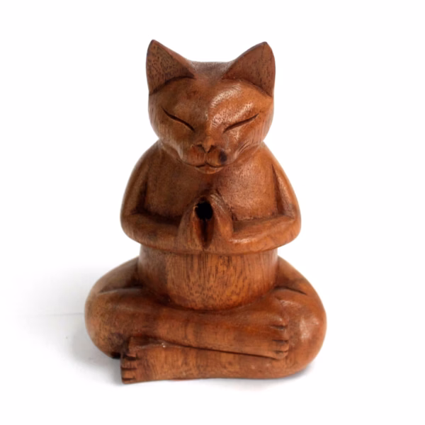 Geschnitzter Räucherbrenner aus Holz - Yoga - Katze - Mittel
