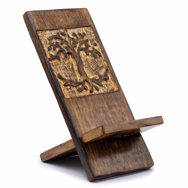 Support de Téléphone en Bois Sculpté - Arbre de Vie 20x9,5cm