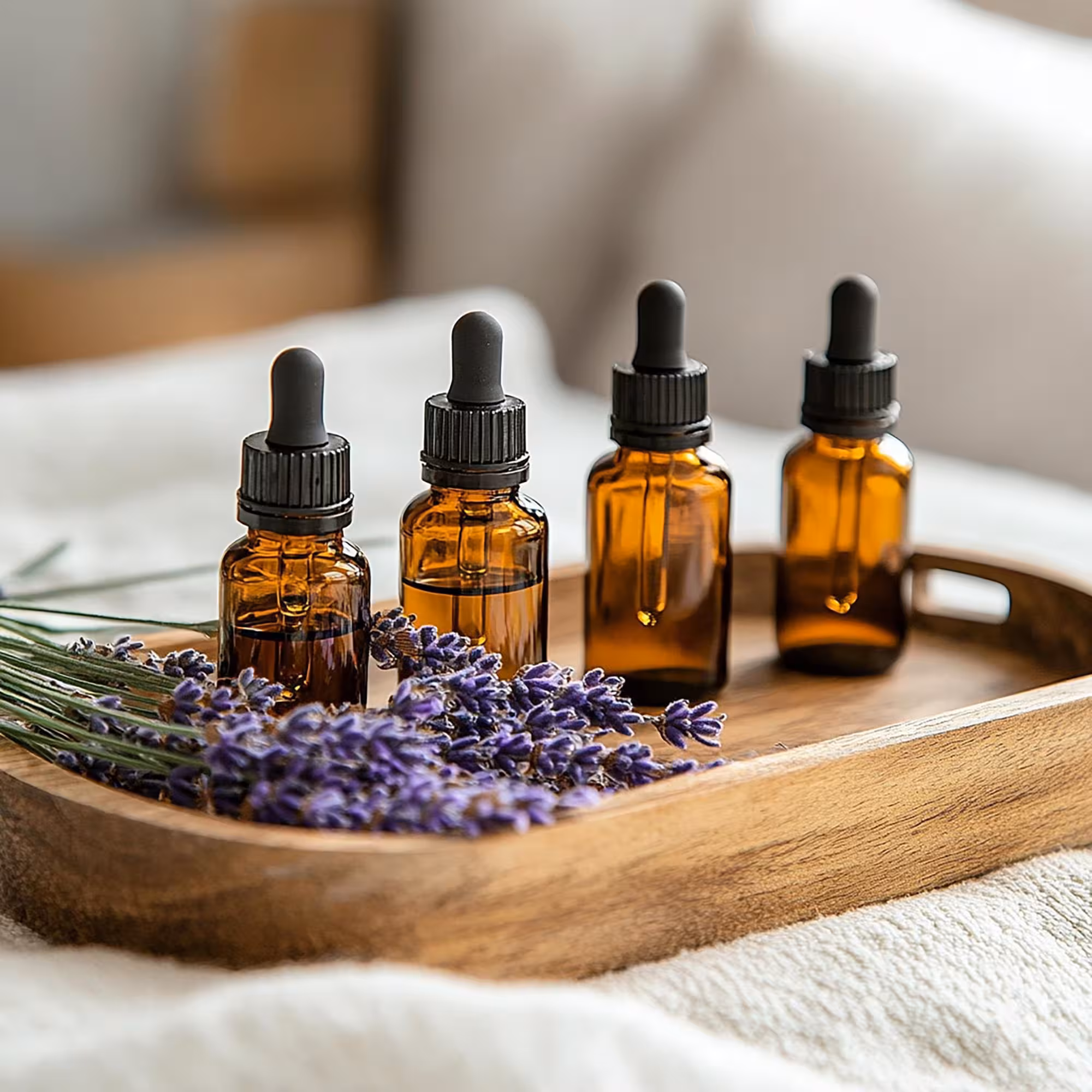 The Benefits of Aromatherapy for Stress Relief and Sleep 2 Essential Oil Bottles On A Wooden Tray For A Calming Evening Routine