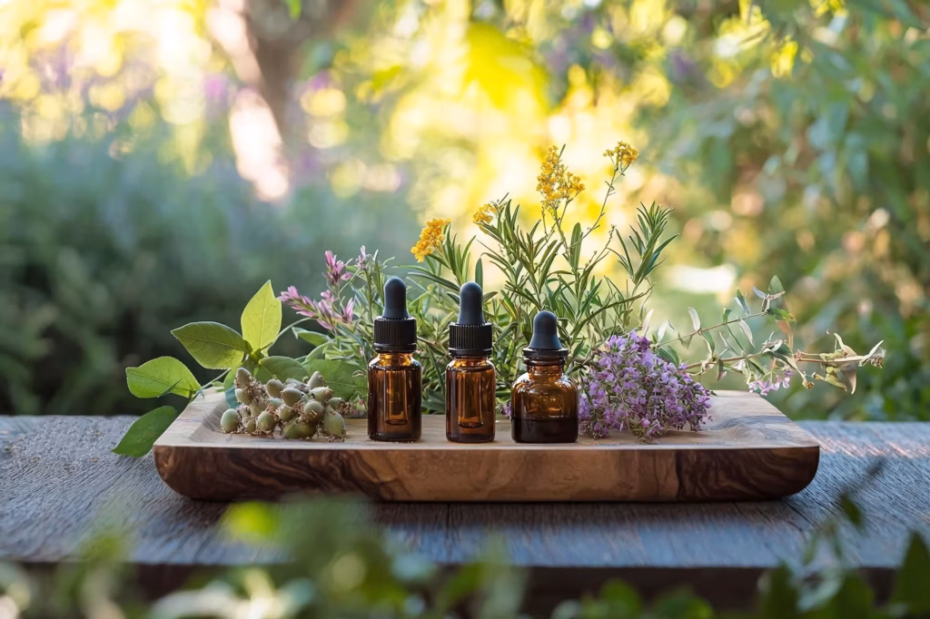 Essential Oil Bottles With Botanicals For A Home Aromatherapy Guide