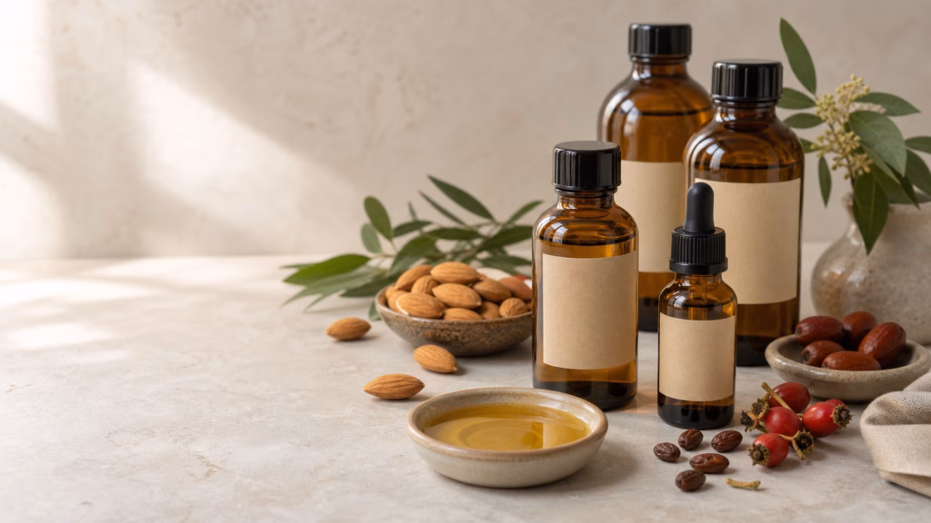 Base Oils And Carrier Oil Bottles Arranged With Botanical Ingredients