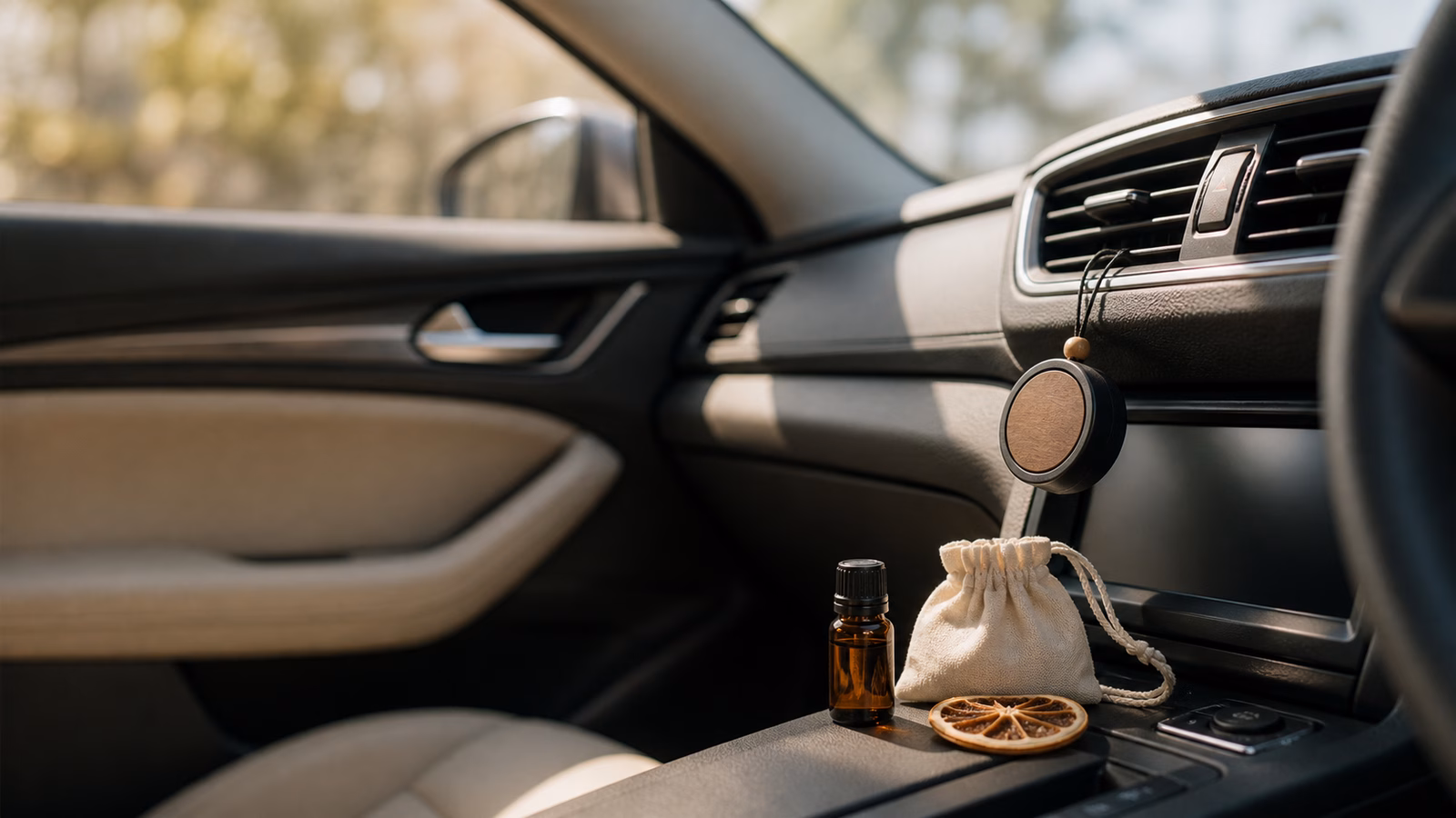 Car diffuser and small fragrance bottle styled inside a parked car