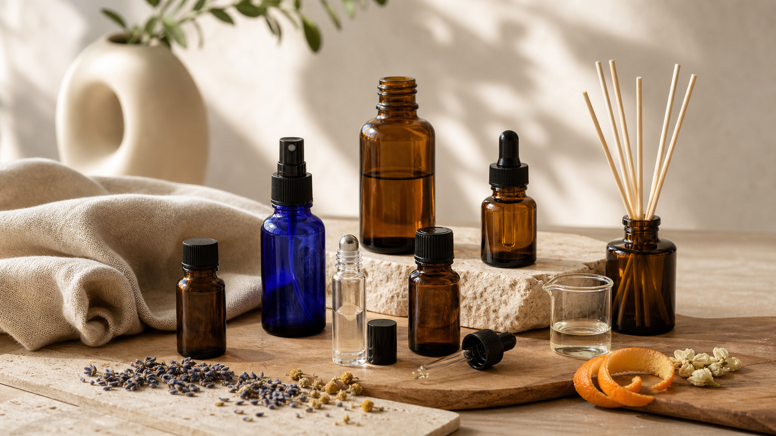 Fragrance Bottles and Accessories Guide: Storage, Blending and Practical Home Scent Tools 1 Fragrance Bottles Droppers And Reed Diffuser Accessories Arranged On A Stone Table