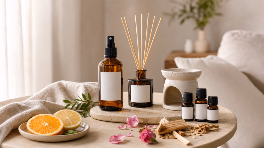 Room Spray Reed Diffuser And Home Fragrance Products Styled On A Living Room Table