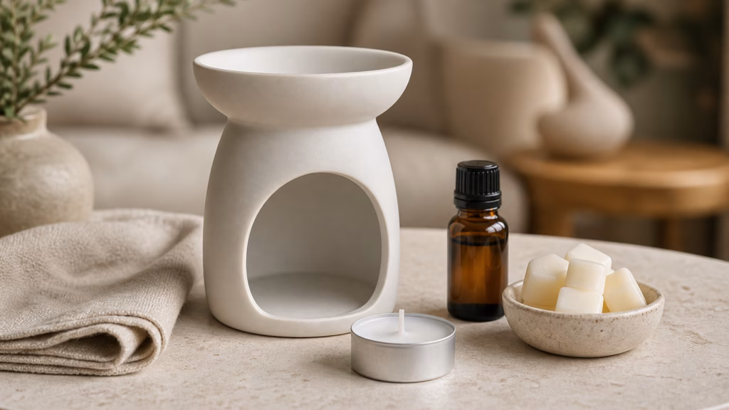 Oil Burner Safety Setup With Fragrance Oil And Wax Melts