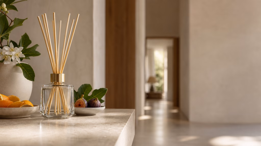 Wide Reed Diffuser Arrangement On A Stone Console For Home Fragrance