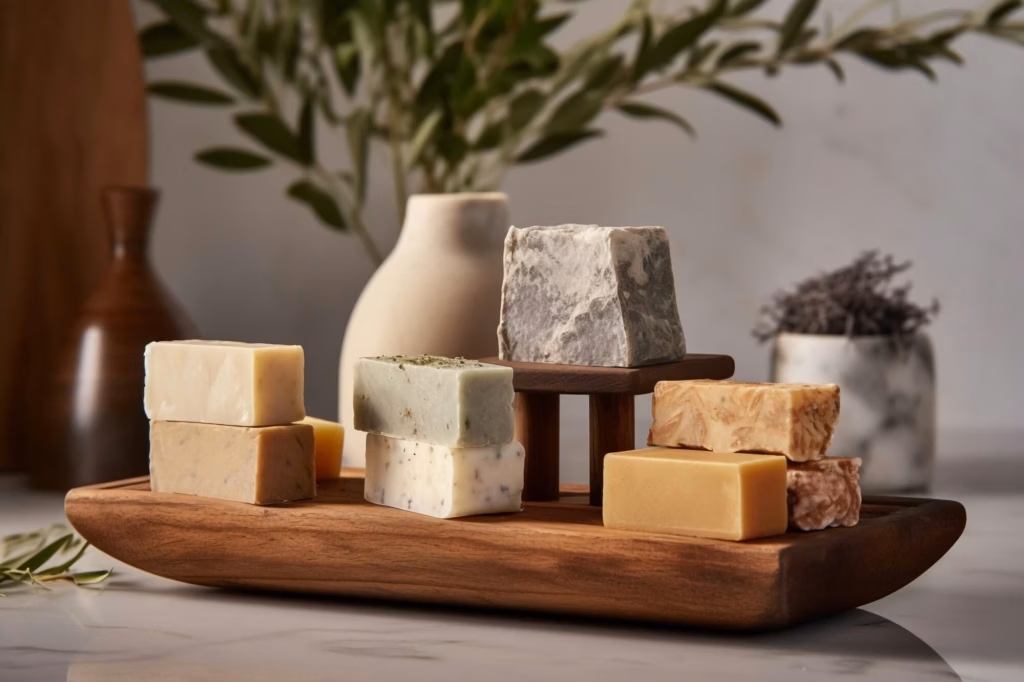 Olivenolie-sæbe vs. sheasmør-sæbe: Hvad er bedst? 27 Olive Oil Soap Bars Next To Shea Butter Soap Bars On A Wooden Surface