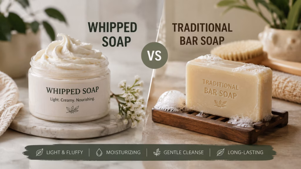 Whipped soap eller fast sæbe: Hvad passer til dig? 23 Whipped Soap In A Jar Beside A Traditional Bar Of Handmade Soap